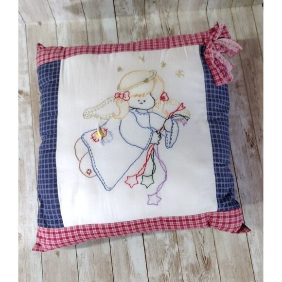 Vintage Angel Throw Pillow Needlepoint Stars Plaid Handmade 14x14" - Picture 1 of 9